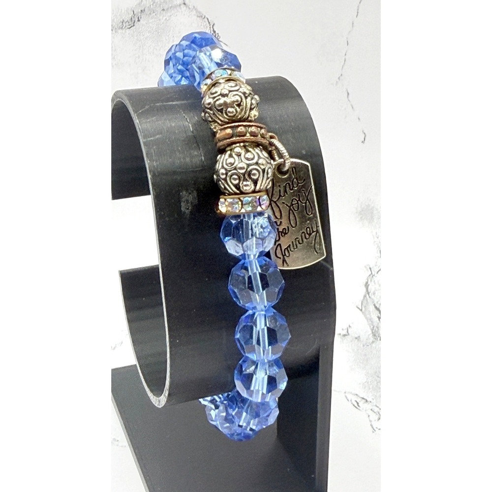 Blue Glass‎ Bead Stretch Bracelet Find Joy Journey Charm Silver Tone